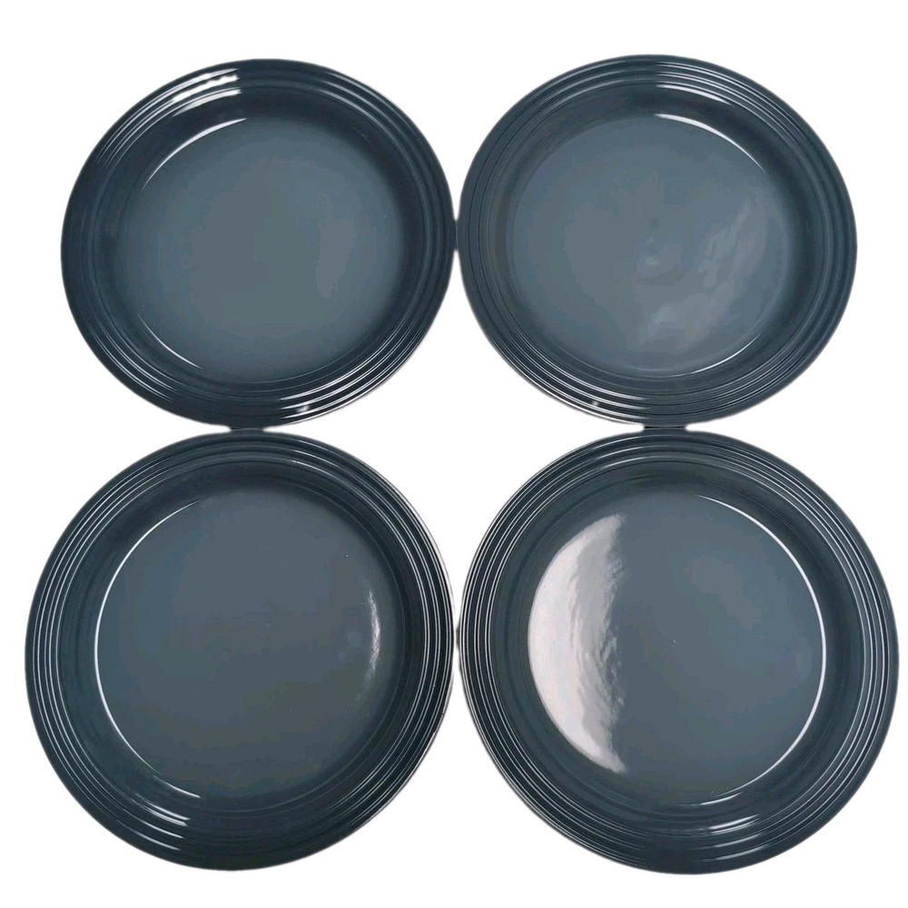 4 New Le Creuset Blue Chambray Dinner Plates 10.5" Stoneware Second Choix